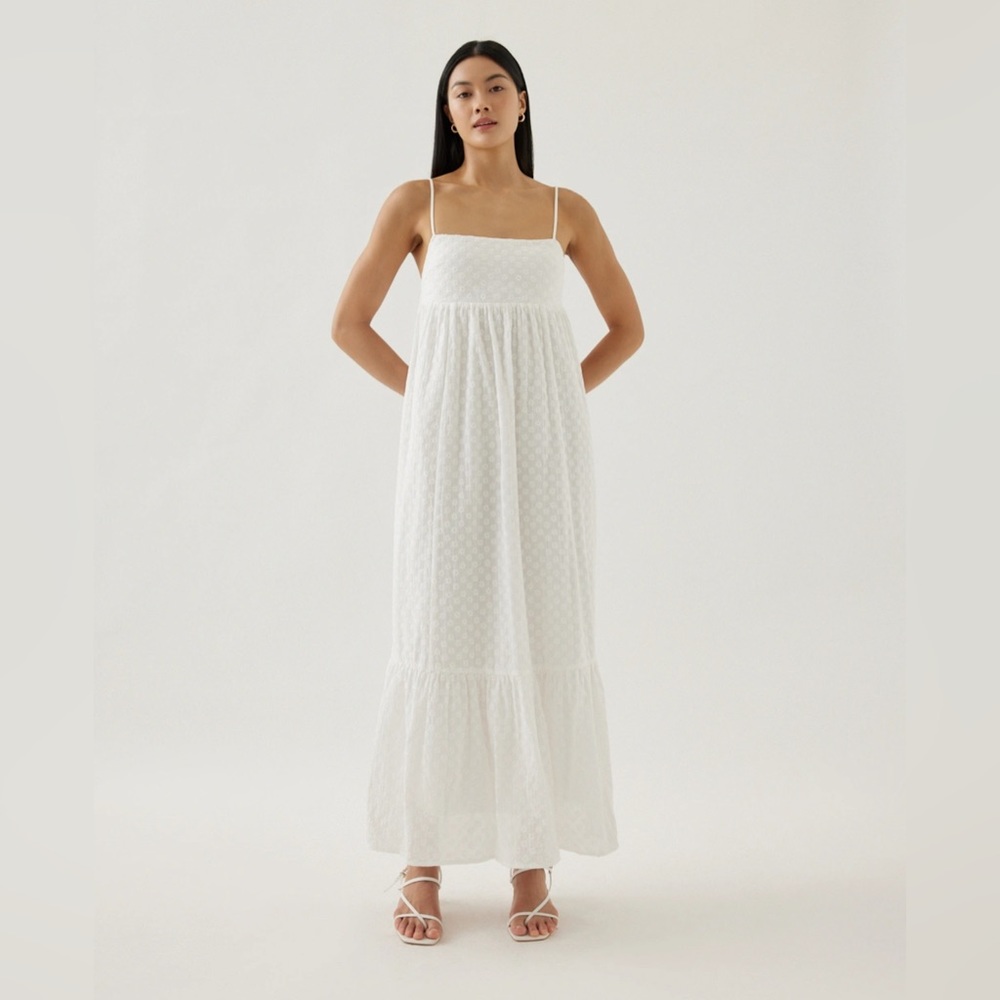 (BNIB) LOVE,BONITO: Graciela Padded Broderie Peplum Dress